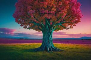 A tree with colorful leaves in front of a purple sky photo