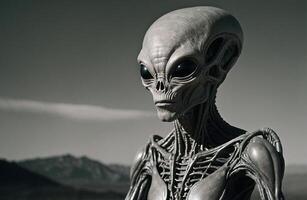 Alien Standing in Field With Mountains in Background photo