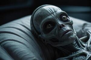 Close-Up of an Alien Creature With Large Eyes and Grey Skin photo