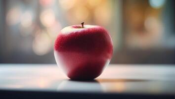 A red apple sitting on a table in front of a window photo