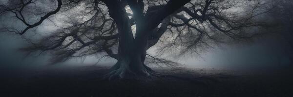 A dark tree in the fog with a light coming from it photo