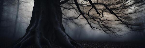 A dark and foggy forest with a tree in the middle photo