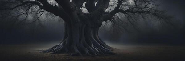 A dark tree in the fog with a dark sky photo