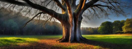 A large tree in the middle of a field photo