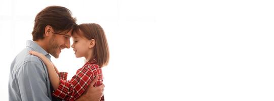 Close up portrait of peaceful father and daughter head to head over white background, empty space photo