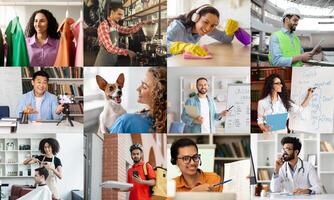 This image showcases a variety of individuals engaged in different professional activities, representing a broad spectrum of modern careers. photo