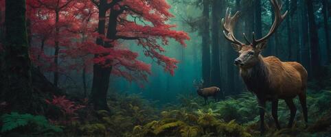 A deer in the forest with red trees photo