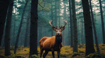 A deer stands in the middle of a forest photo