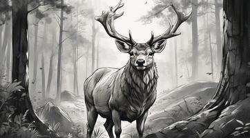 A black and white drawing of a deer in the woods photo