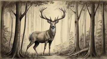 A drawing of a deer in the woods photo