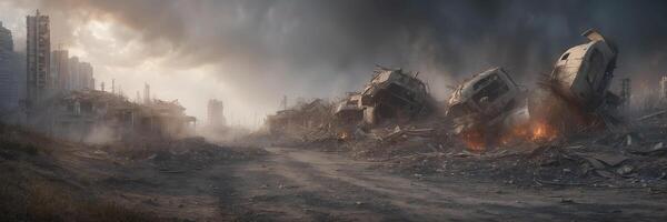 The city is destroyed and there is a lot of smoke coming out of the buildings photo