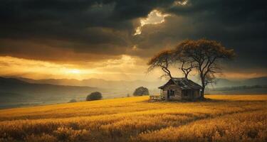 A house in a field with a tree in the middle photo