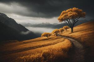 A path leads through a field with trees and mountains photo