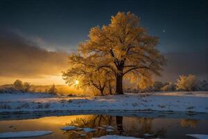 A tree in the snow with a moon and stars photo