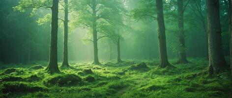 A green forest with trees and grass photo