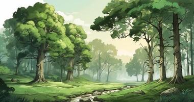 An illustration of a forest with a stream running through it photo