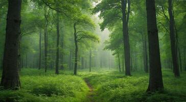 A path through a green forest with trees photo