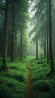A path through a green forest with tall trees photo