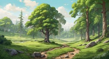 An animated painting of a forest with trees and grass photo