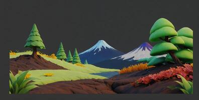 A 3d animated scene of a mountain range with trees and grass photo