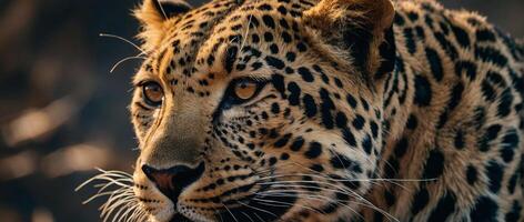 A close up of a leopard looking into the distance photo