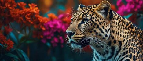 A leopard is standing in front of colorful flowers photo