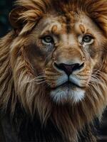 A close up of a lion's face photo