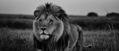 Black and white photo of a lion in the grass