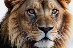 A close up of a lion's face photo