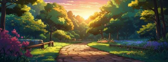 An anime scene with a path leading to a forest photo