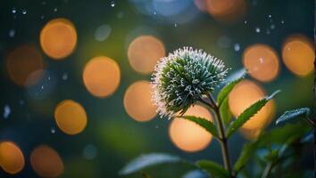 A flower in the rain with bokeh lights photo