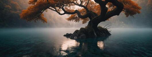 A tree in the middle of a lake with fog photo