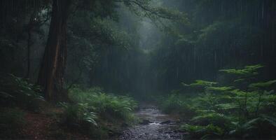 A stream runs through a forest in the rain photo