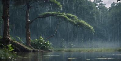 A forest with trees and water in the rain photo