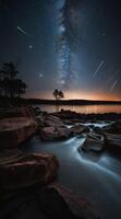 The milky way over the lake with rocks and trees photo