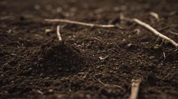 A close up of soil with a plant growing in it photo