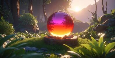 A colorful egg sitting in the middle of a forest photo