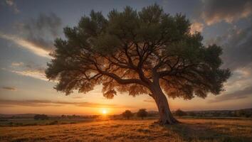 A tree stands in the middle of a field at sunset photo