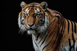 A tiger is standing in front of a black background photo