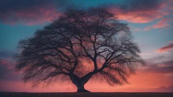A tree stands alone in front of a sunset photo