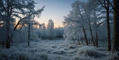 Frosty trees in the forest at sunrise photo