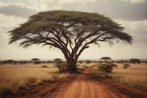 A lone tree stands in the middle of an open plain photo