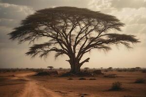 A lone tree stands in the middle of a desert photo