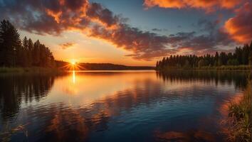 A beautiful sunset over a lake with trees and water photo