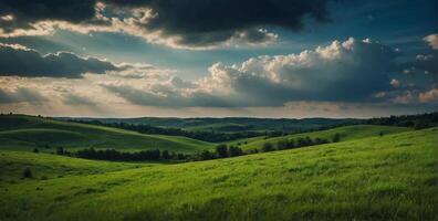 A green field with trees and clouds photo