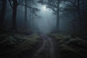 A path through the woods with a full moon photo