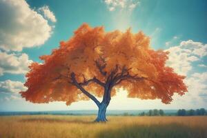 An orange tree in a field with clouds in the background photo
