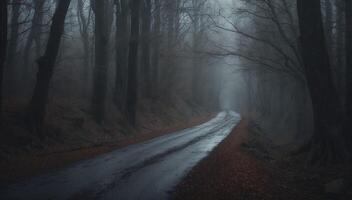A dark road in the middle of a foggy forest photo
