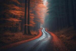 A road in the middle of an autumn forest photo