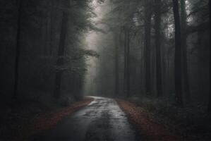 A dark road in the middle of a forest photo
